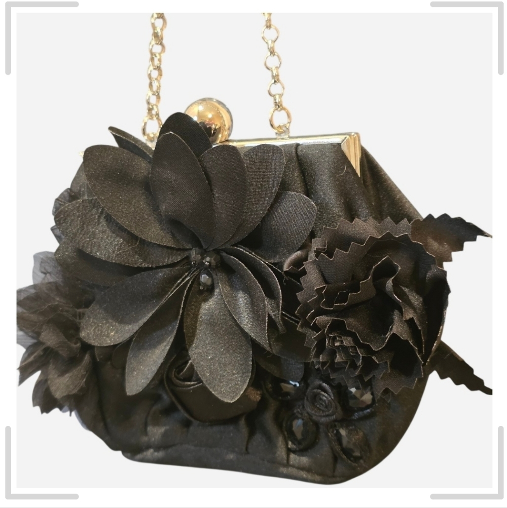 White House Black Market Elegant Black Satin Evening Clutch w/ Silver Chain